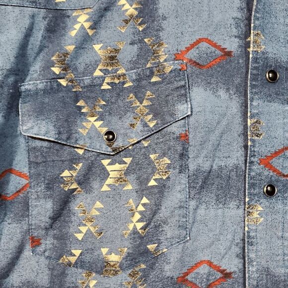 Wrangler Shirt Men Blue Aztec Print Cowboy Western Collar Pearl Snap Button Down - Picture 7 of 9